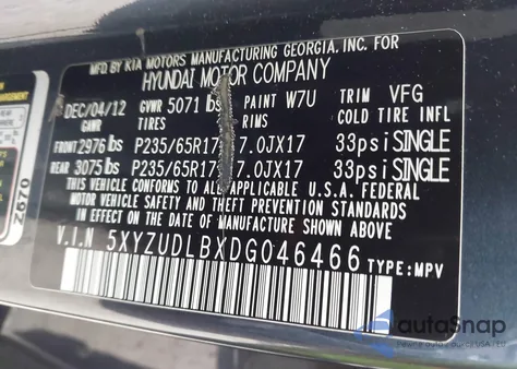 2013 Hyundai Santa Fe Sport z USA, uszkodzony, nr VIN 5XYZUDLBXDG046466